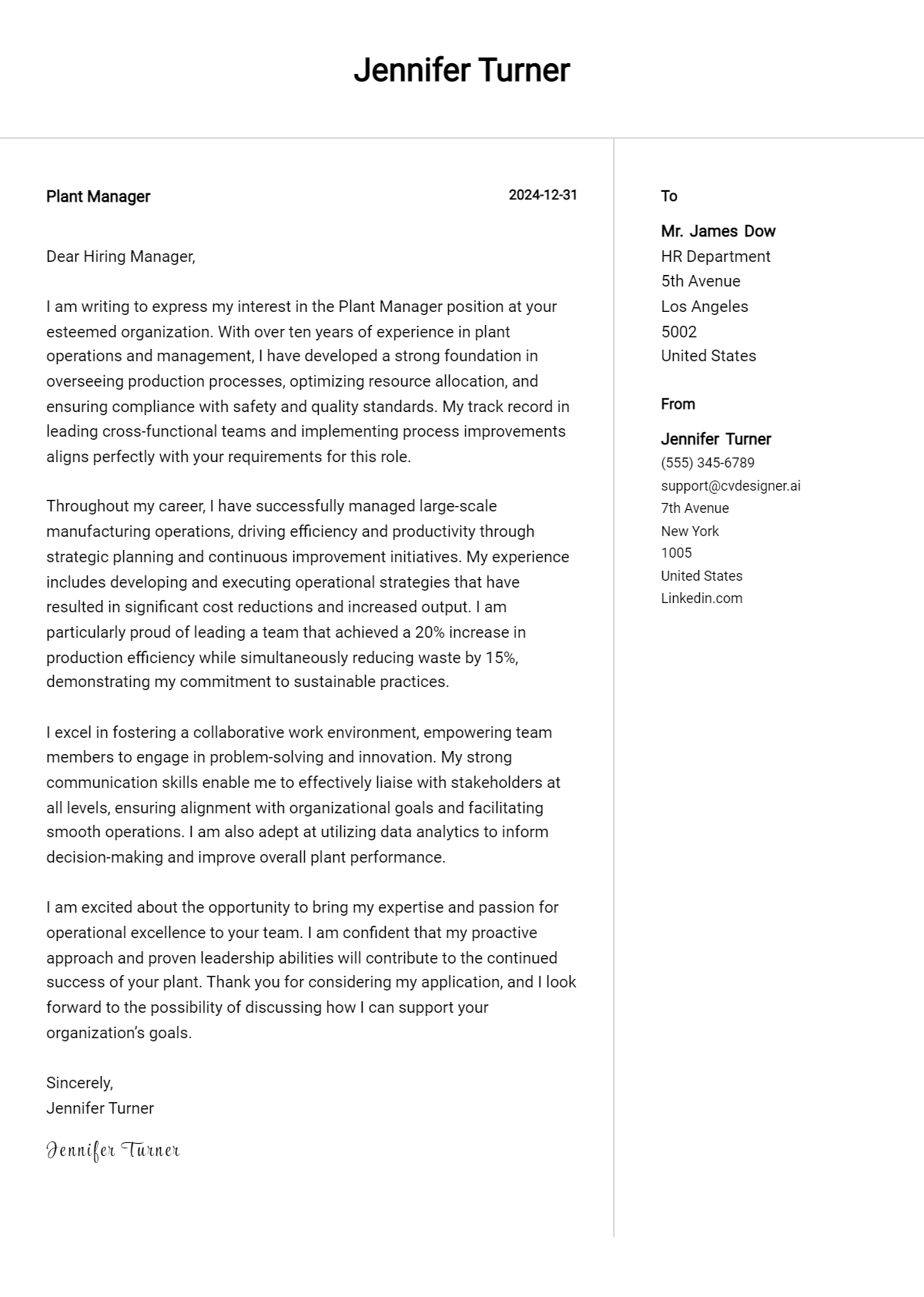 plant manager cover letter example