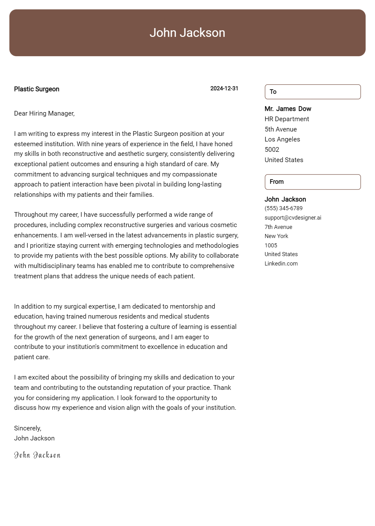 plastic surgeon cover letter example