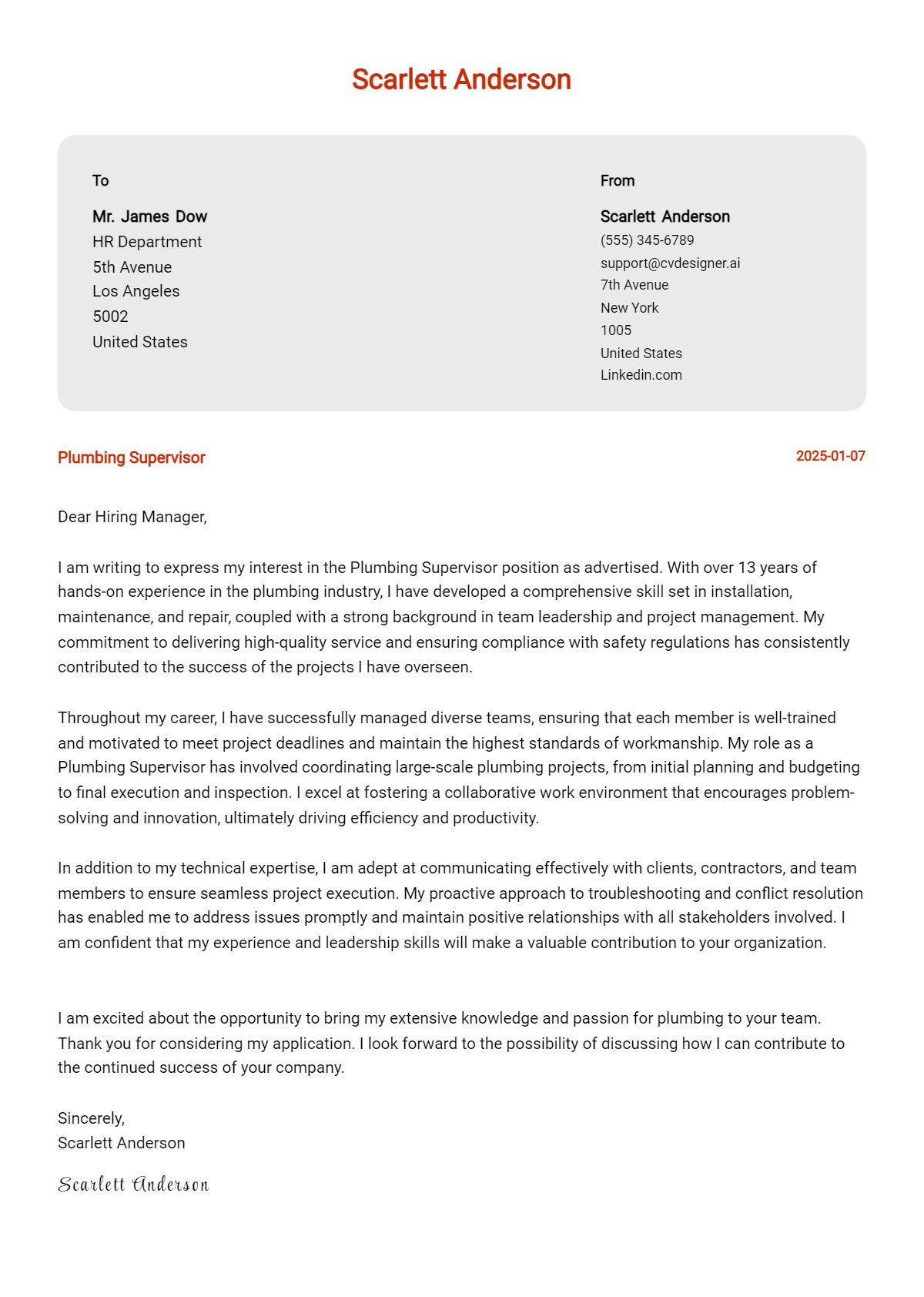 plumbing supervisor cover letter example