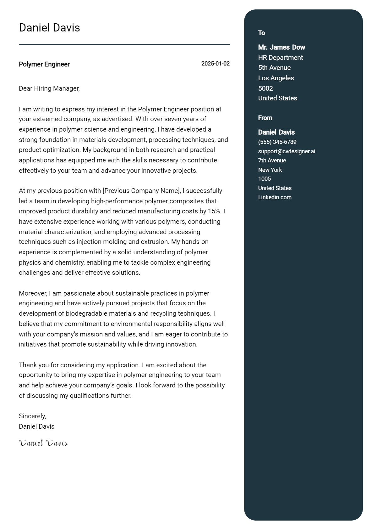 polymer engineer cover letter example