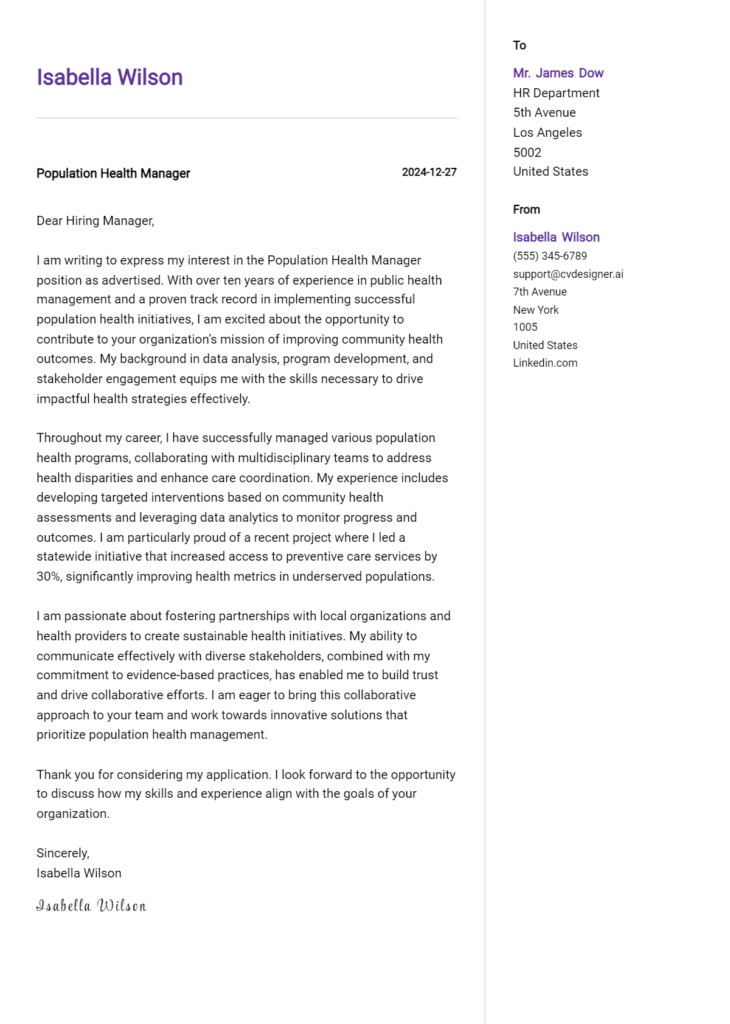 population health manager cover letter example