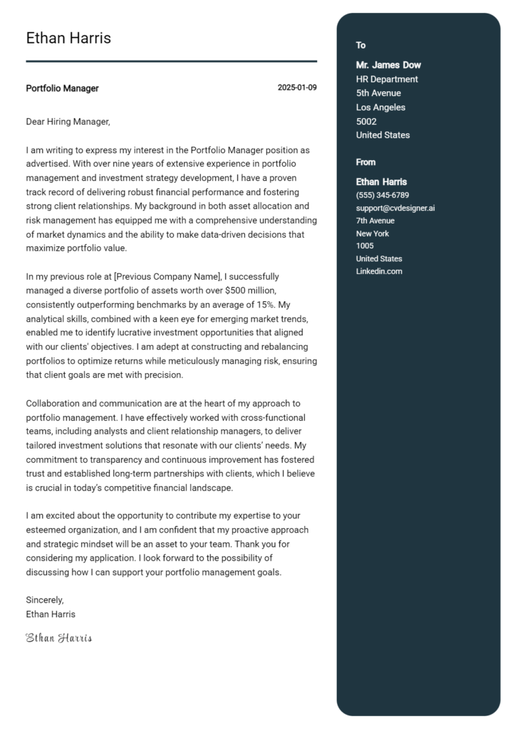 portfolio manager cover letter example