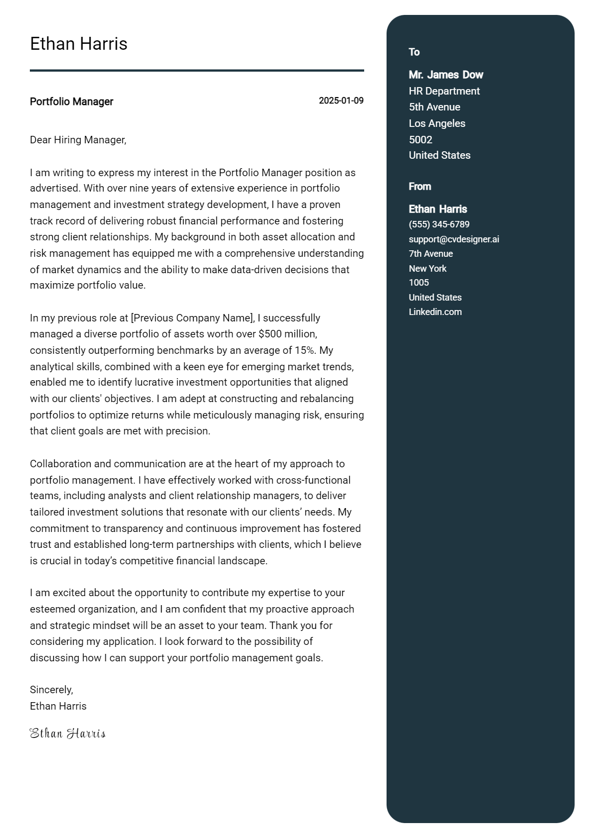 portfolio manager cover letter example