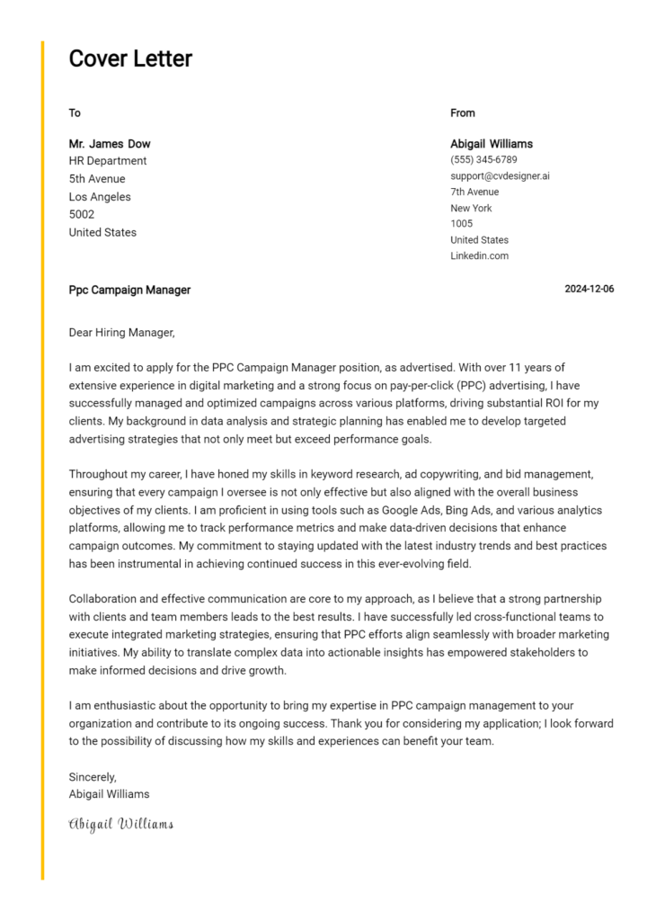 ppc campaign manager cover letter example