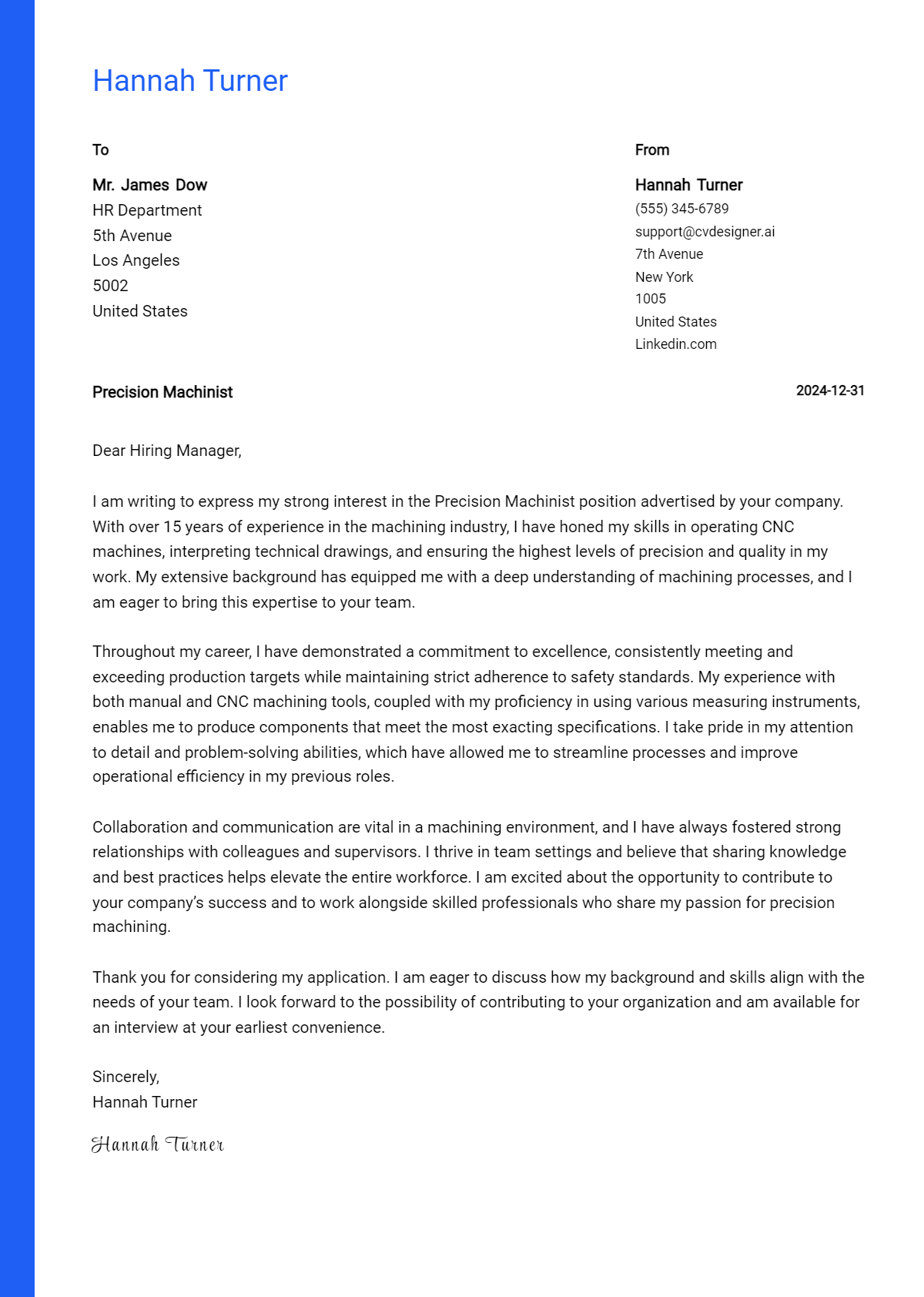 precision machinist cover letter example