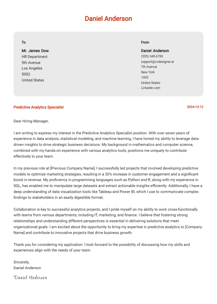 predictive analytics specialist cover letter example