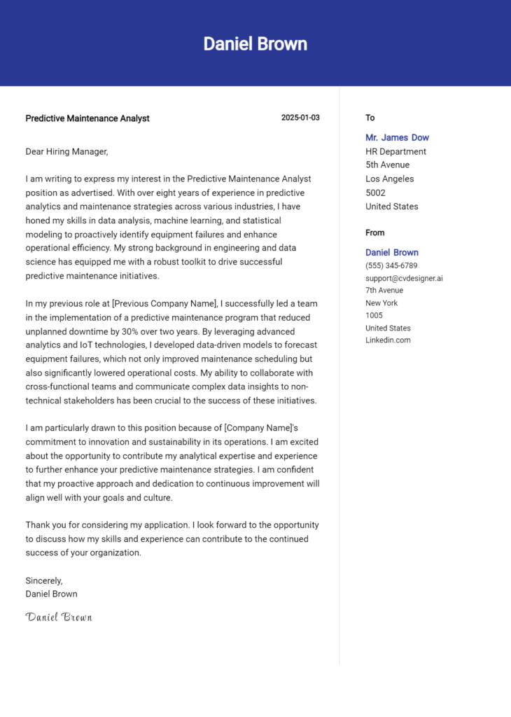 predictive maintenance analyst cover letter example