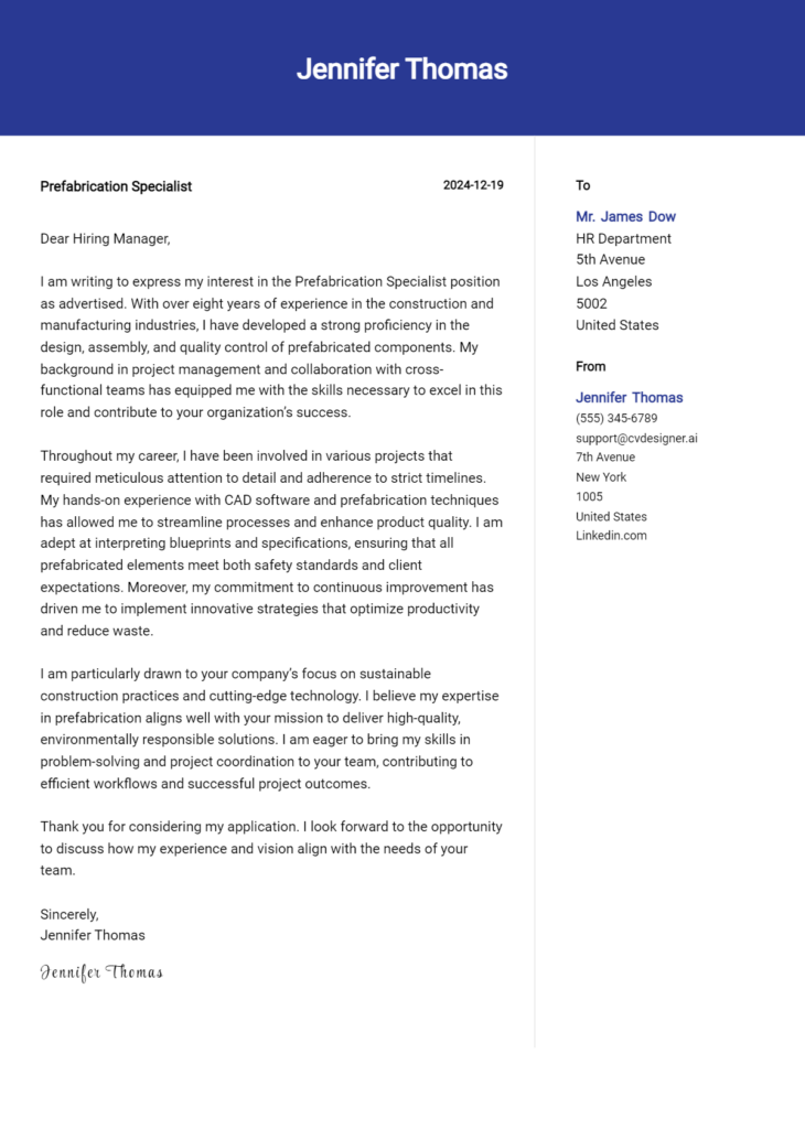 prefabrication specialist cover letter example