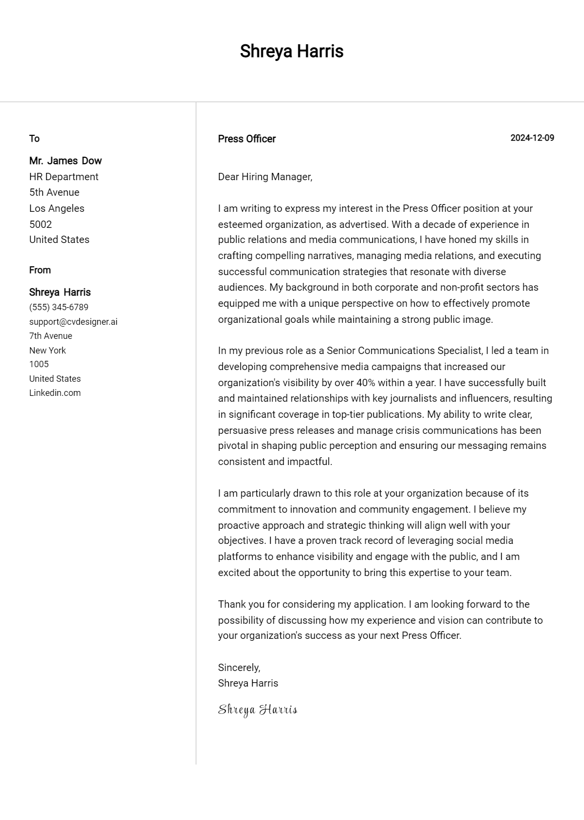 press officer cover letter example