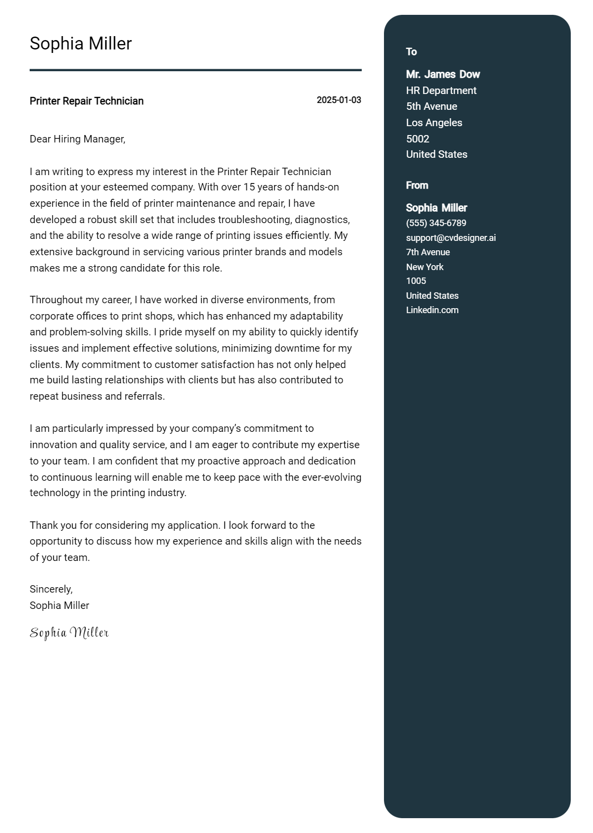 printer repair technician cover letter example