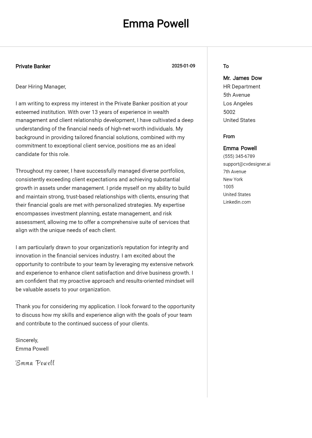 private banker cover letter example