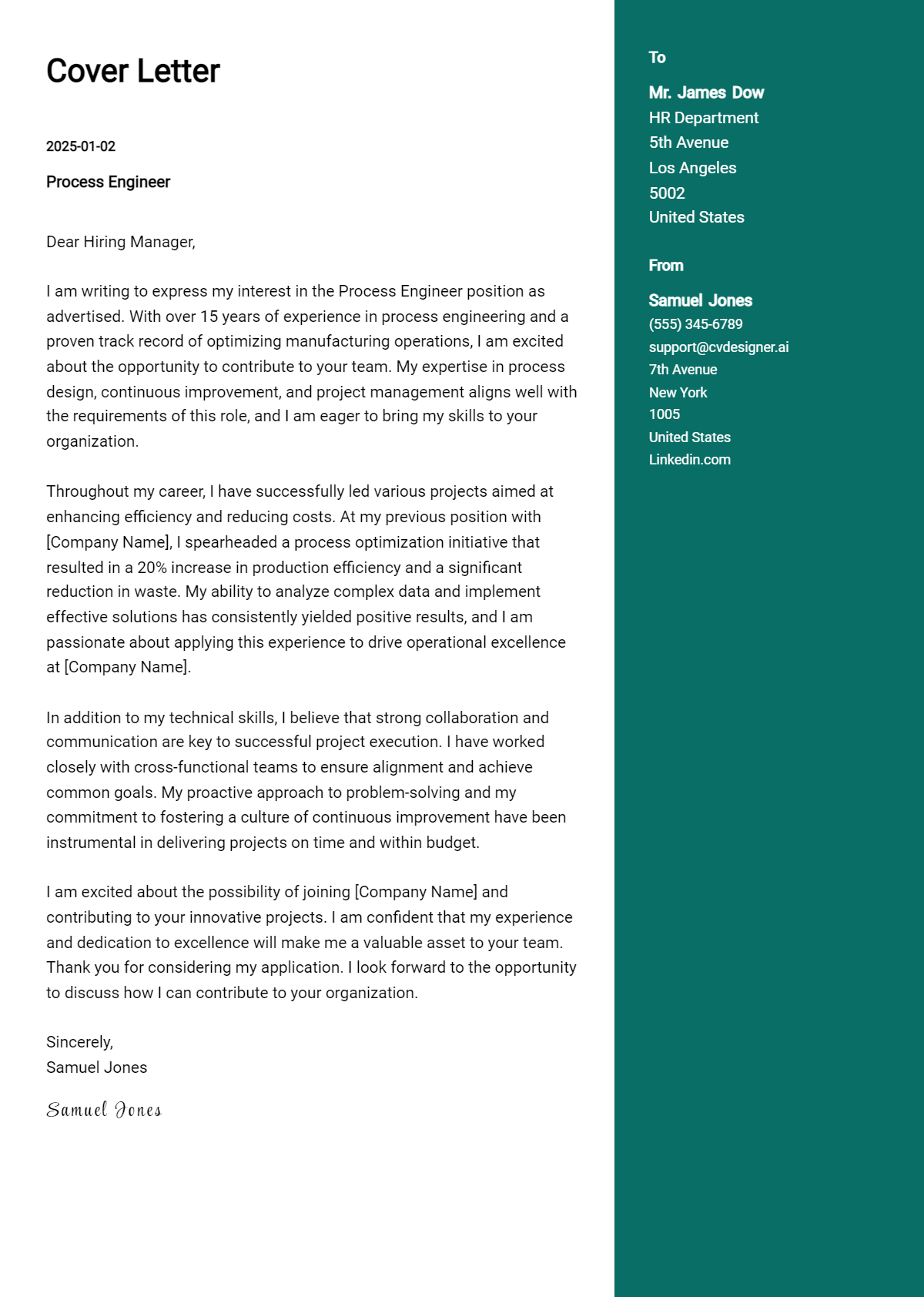 process engineer cover letter example