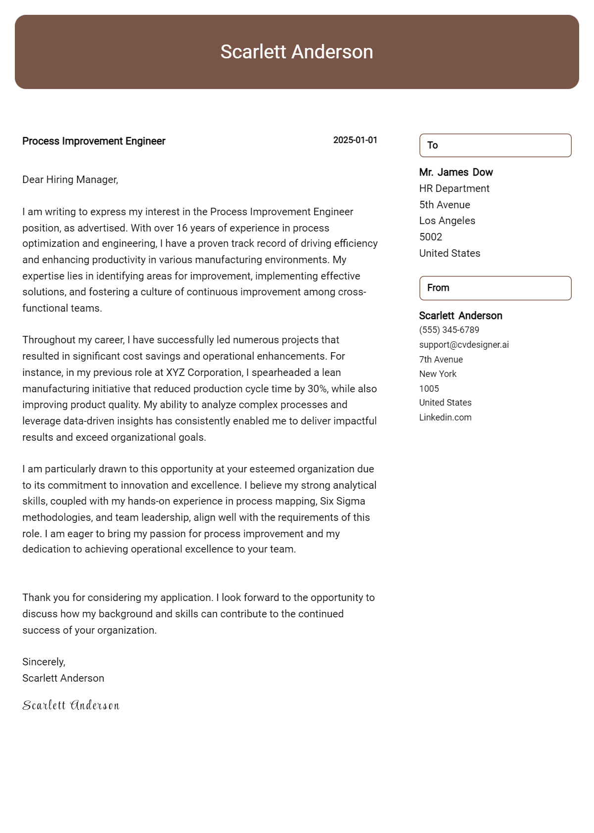 process improvement engineer cover letter example