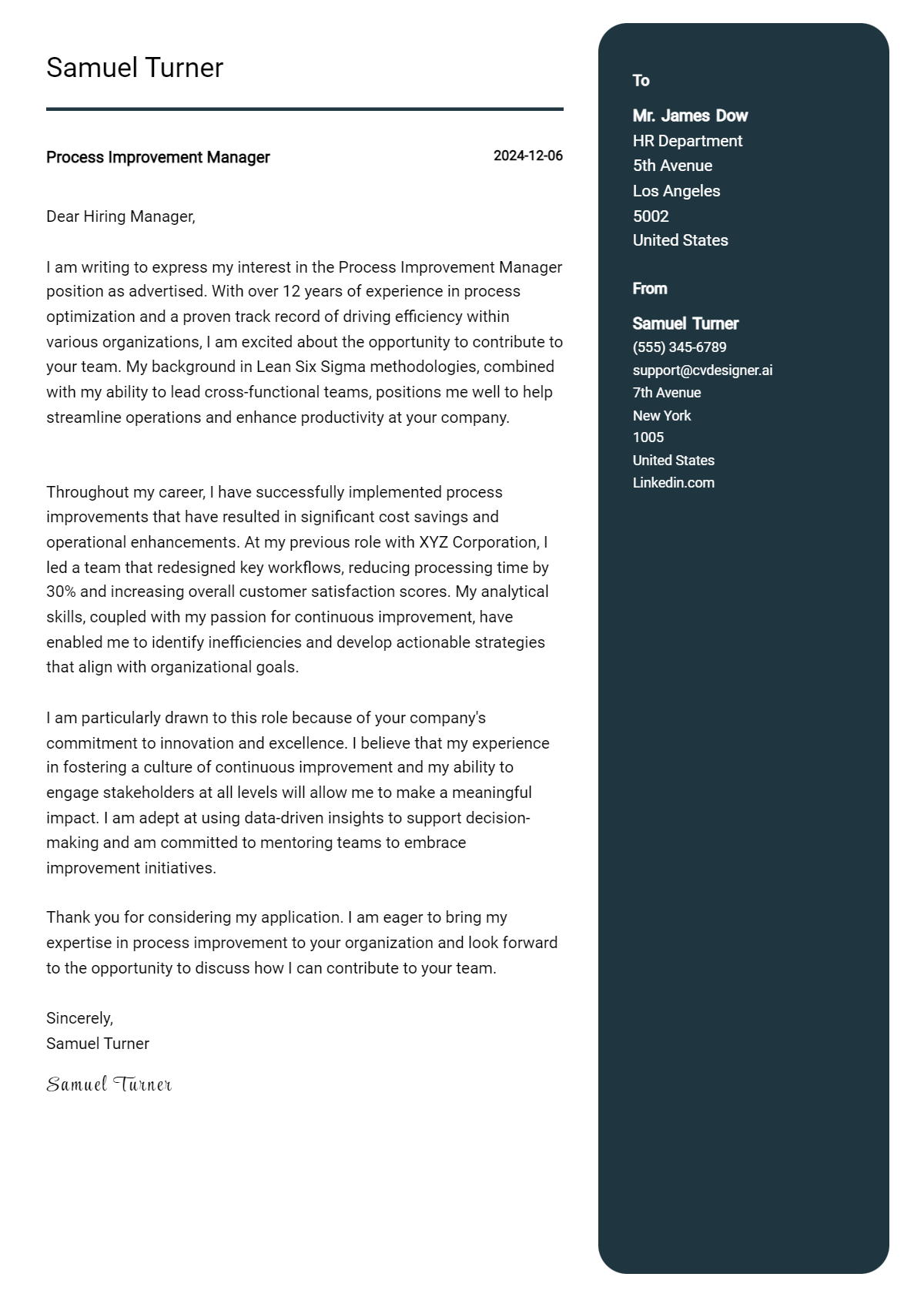 process improvement manager cover letter example