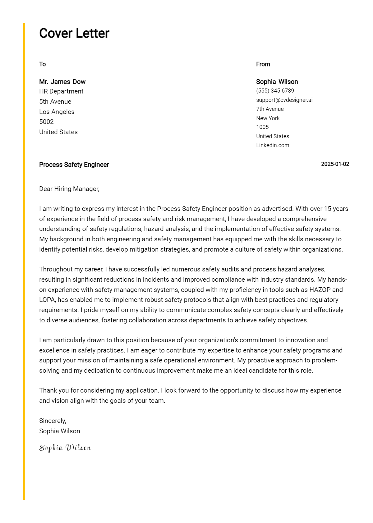 process safety engineer cover letter example