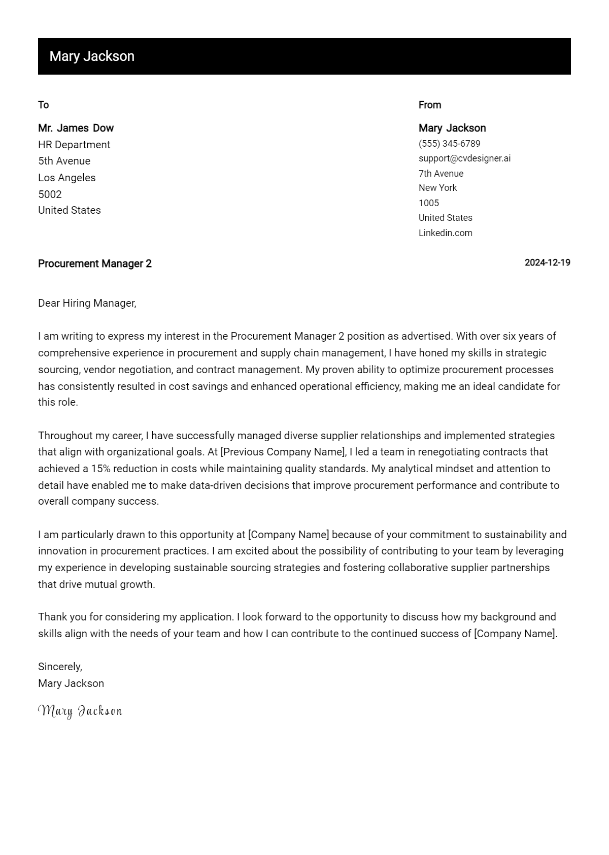 procurement manager 2 cover letter example