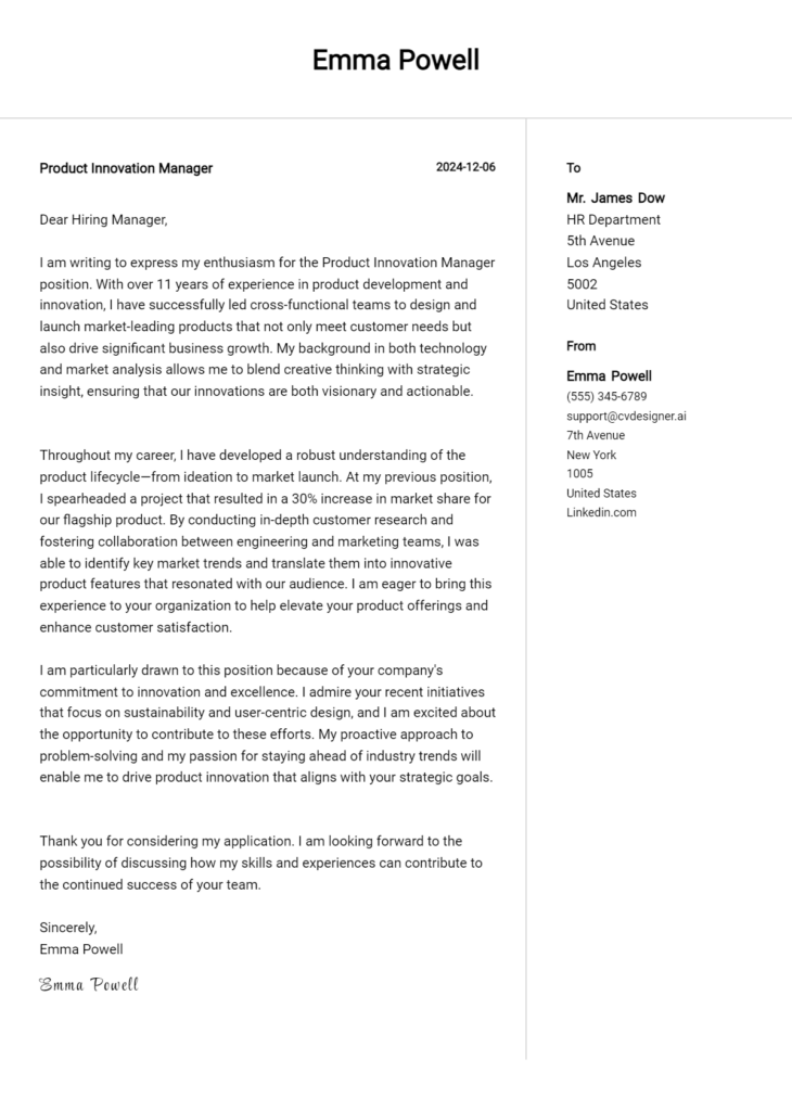 product innovation manager cover letter example