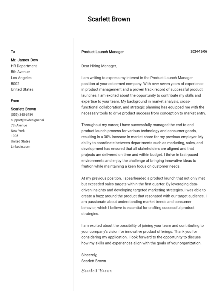 product launch manager cover letter example