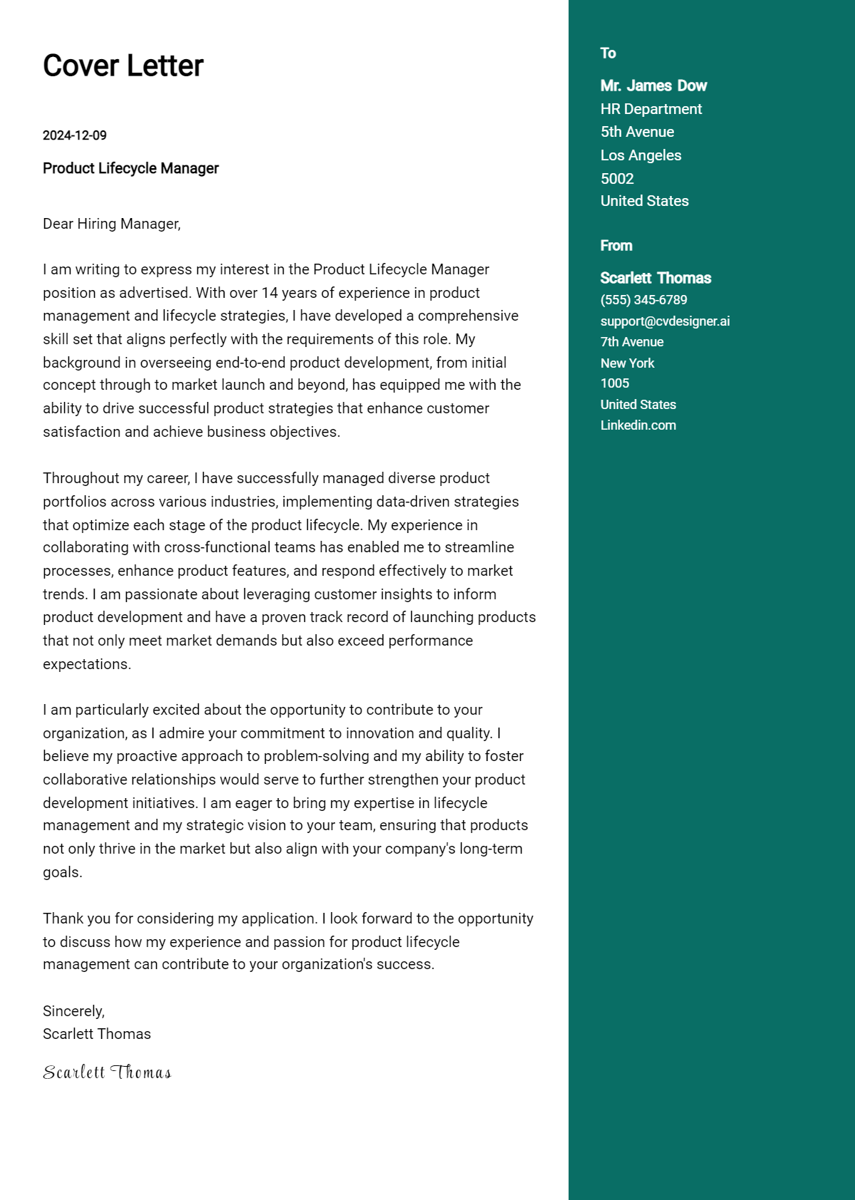 product lifecycle manager cover letter example