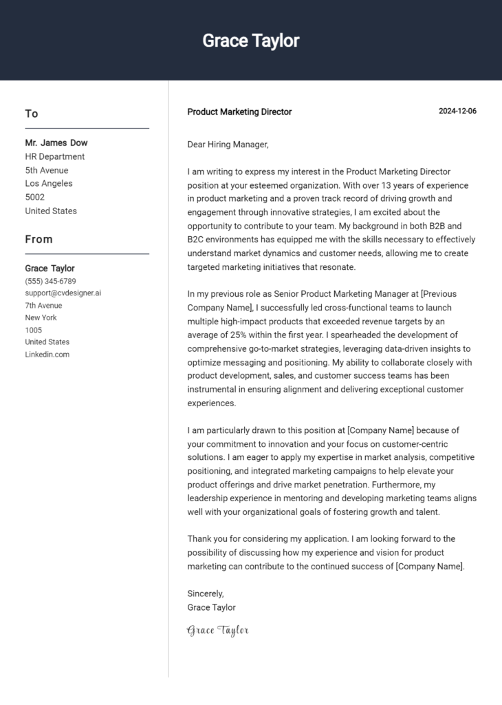 product marketing director cover letter example