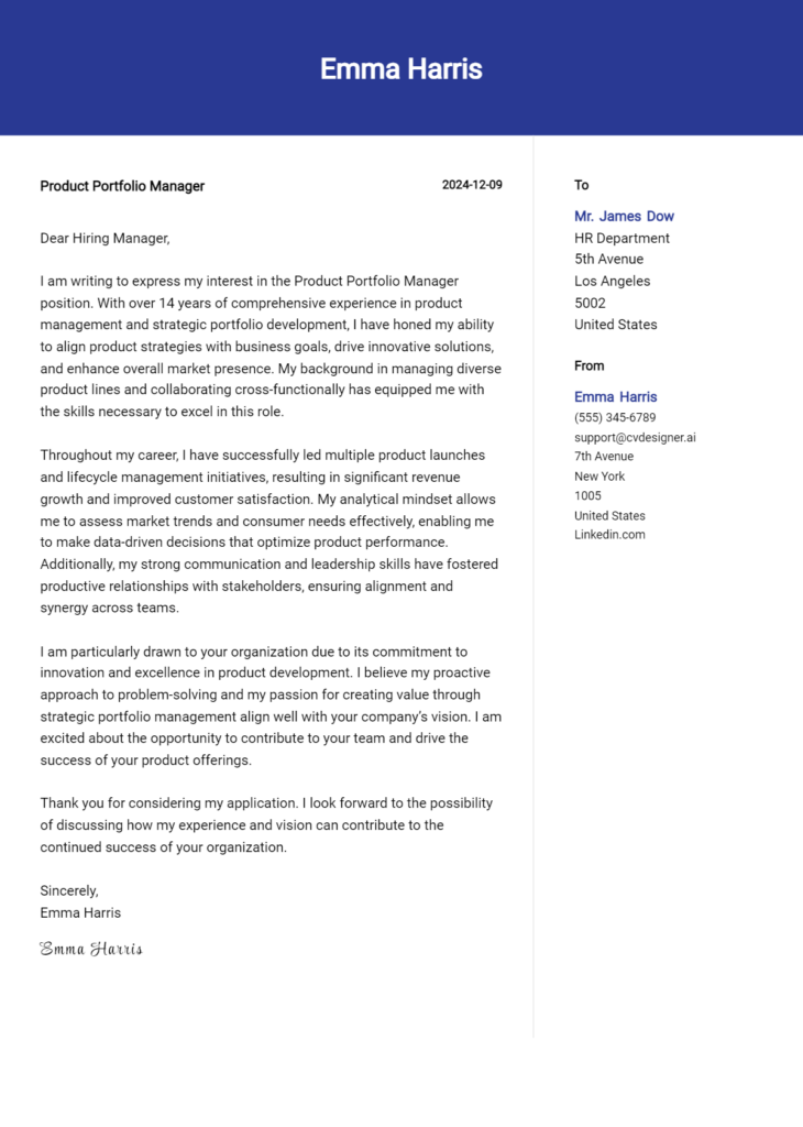 product portfolio manager cover letter example