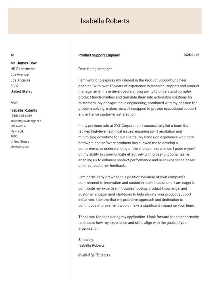 product support engineer cover letter example