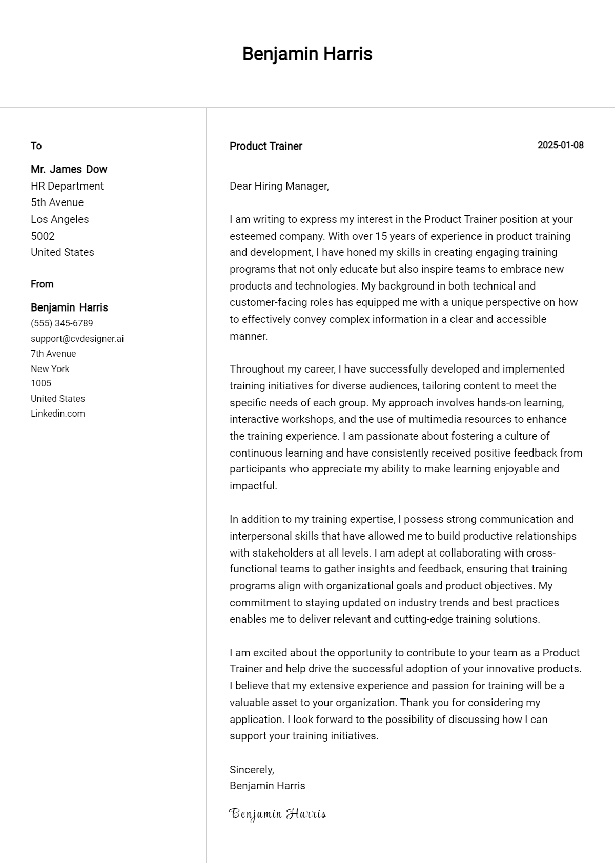 product trainer cover letter example