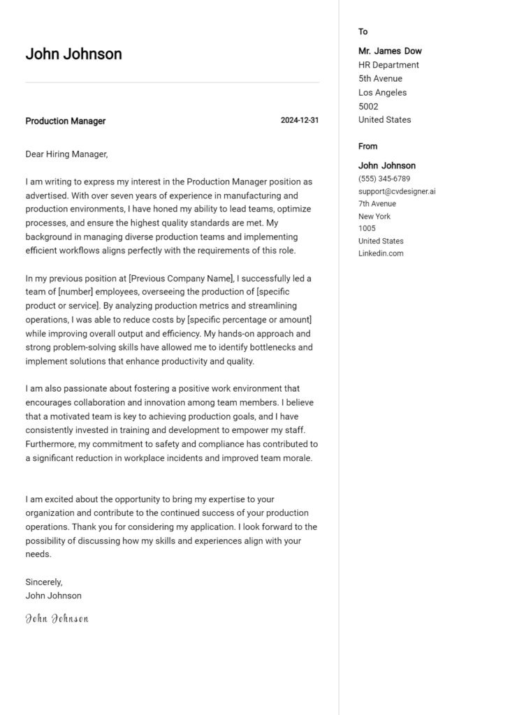 production manager cover letter example