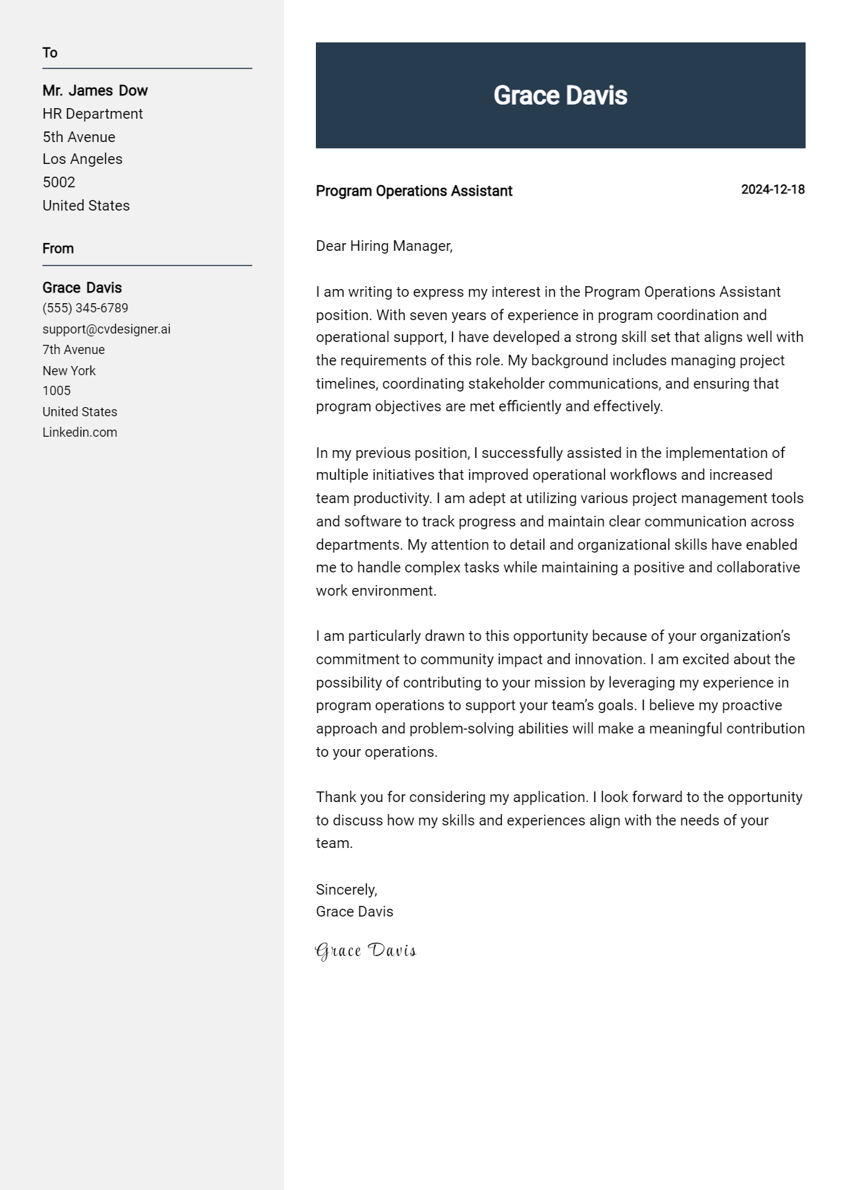 program operations assistant cover letter example