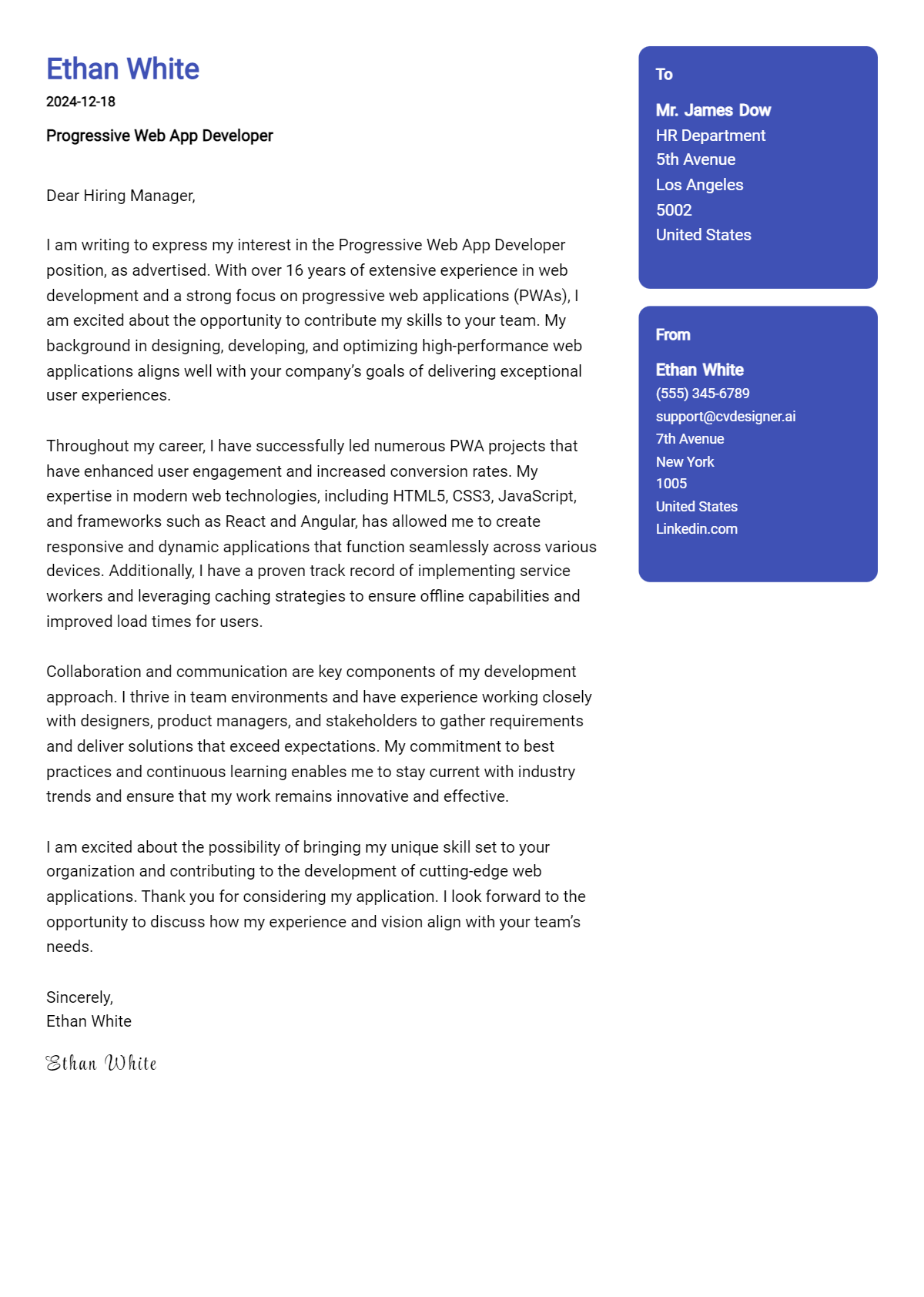 progressive web app developer cover letter example