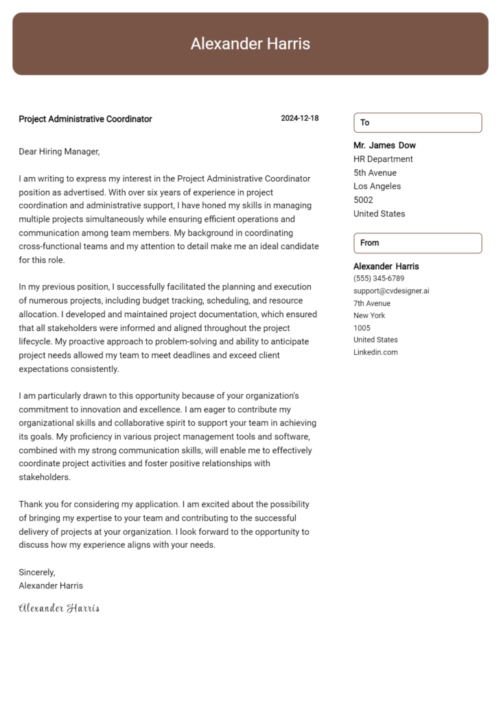 project administrative coordinator cover letter example