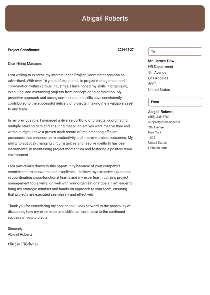 project coordinator cover letter example