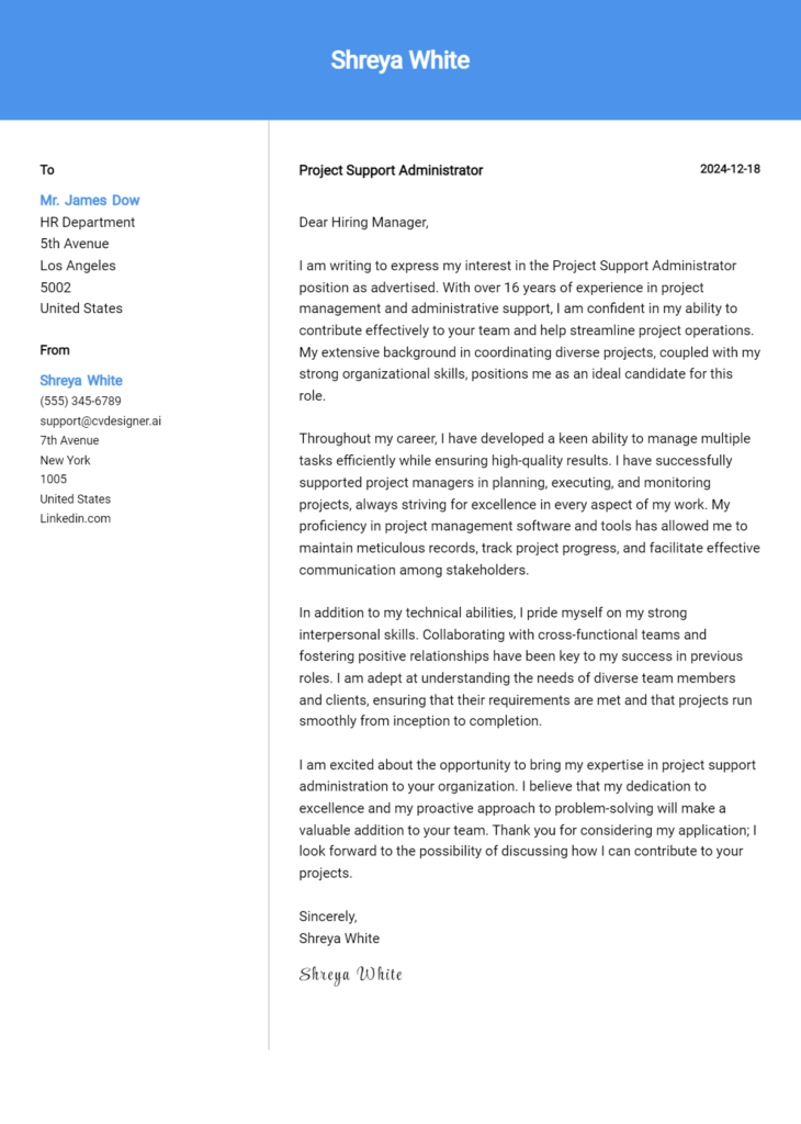 project support administrator cover letter example