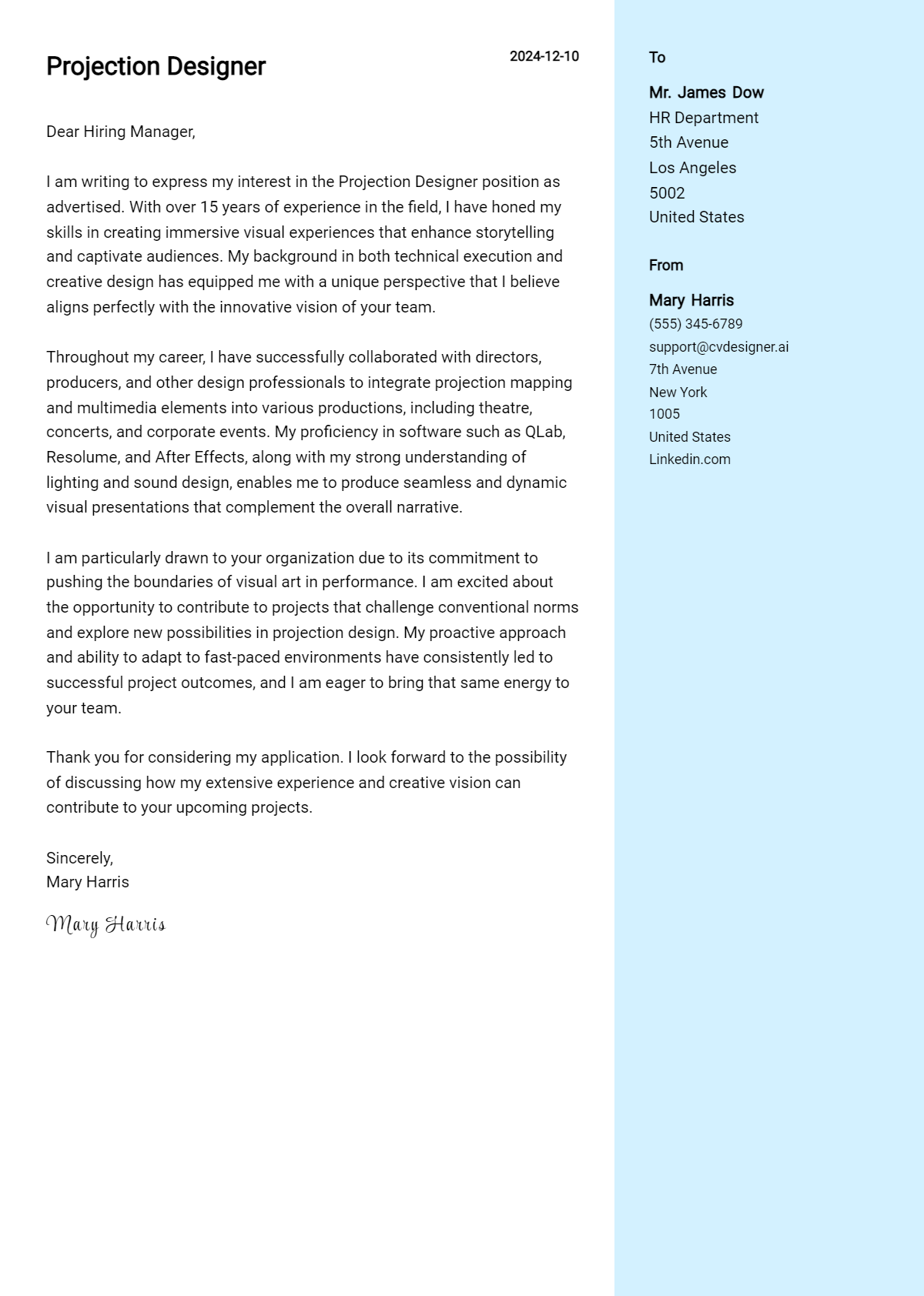 projection designer cover letter example