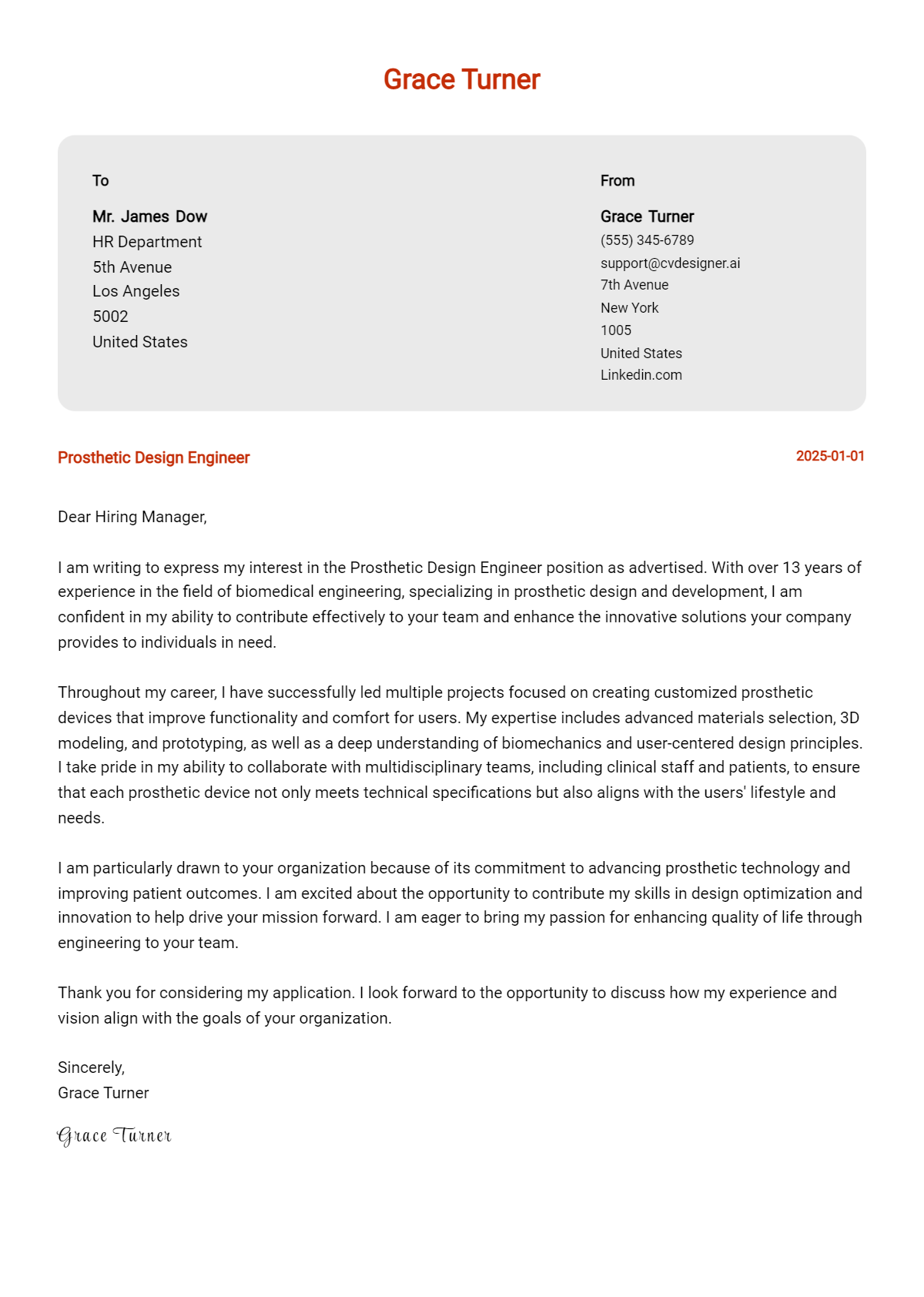 prosthetic design engineer cover letter example