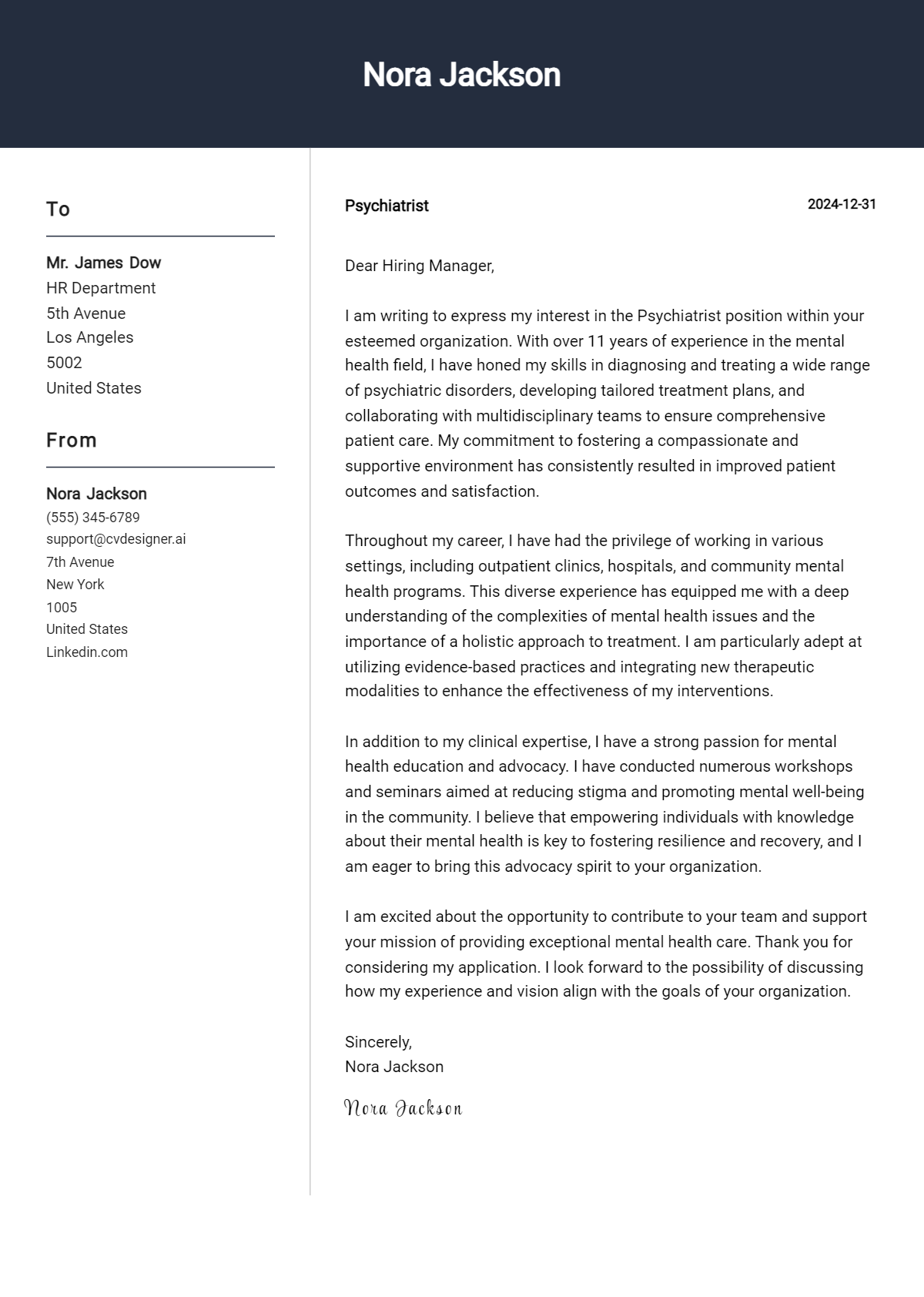 psychiatrist cover letter example