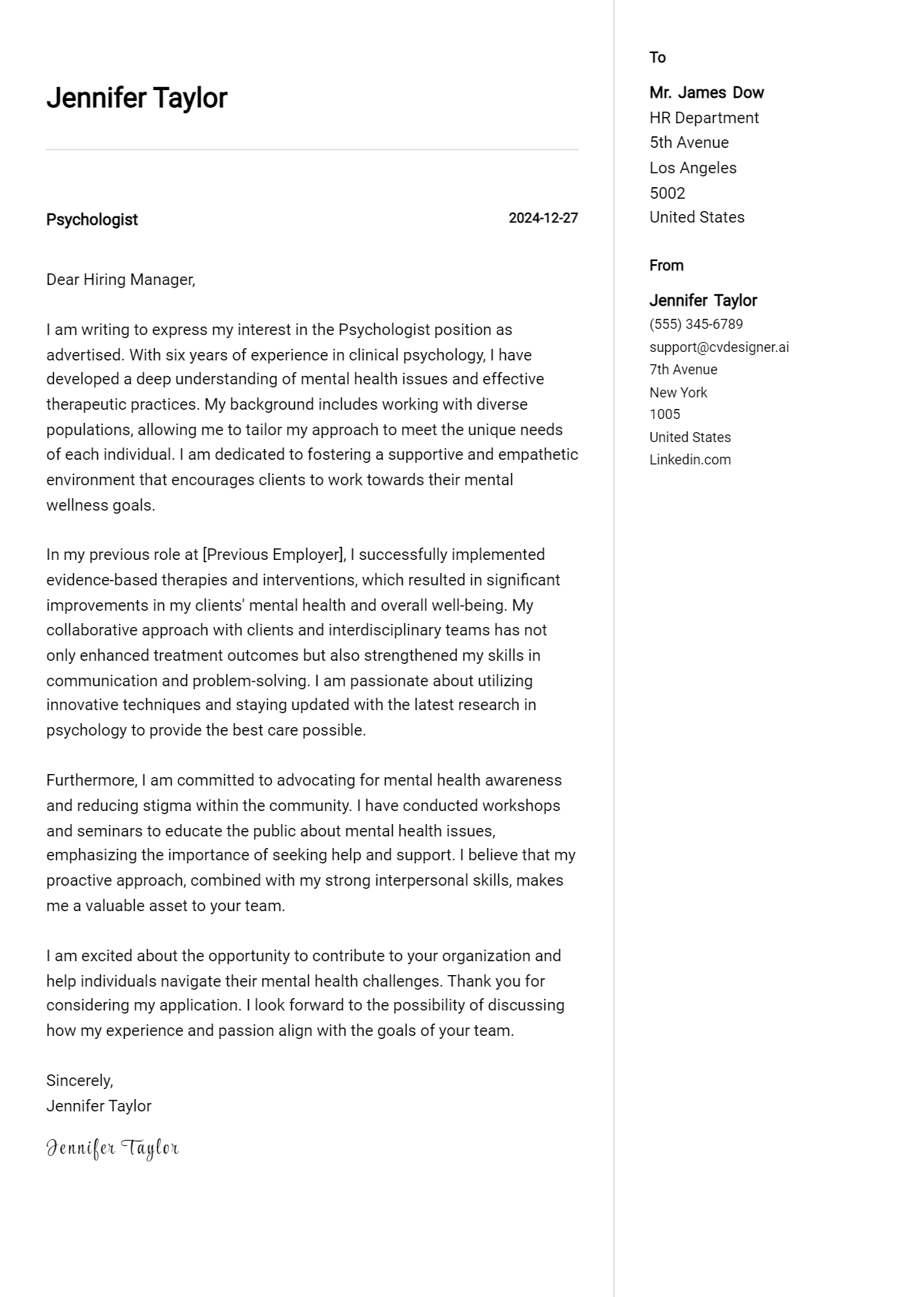 psychologist cover letter example