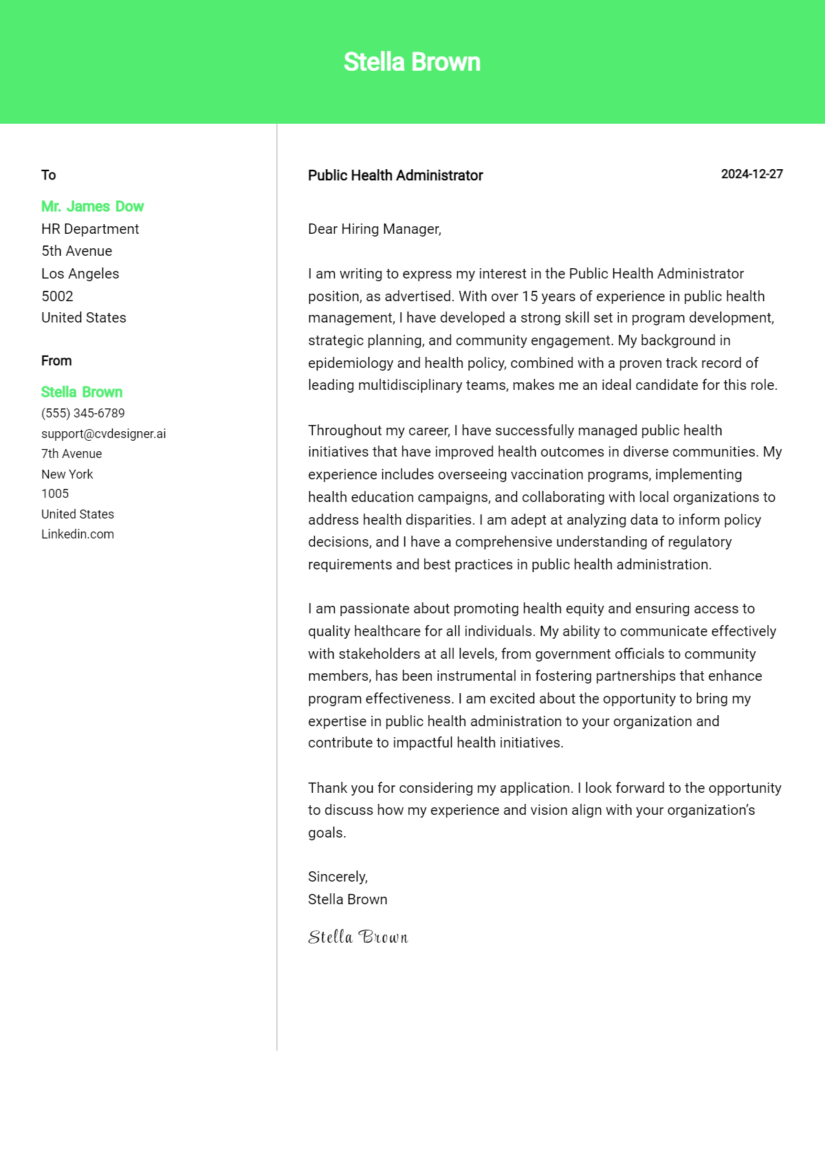 public health administrator cover letter example