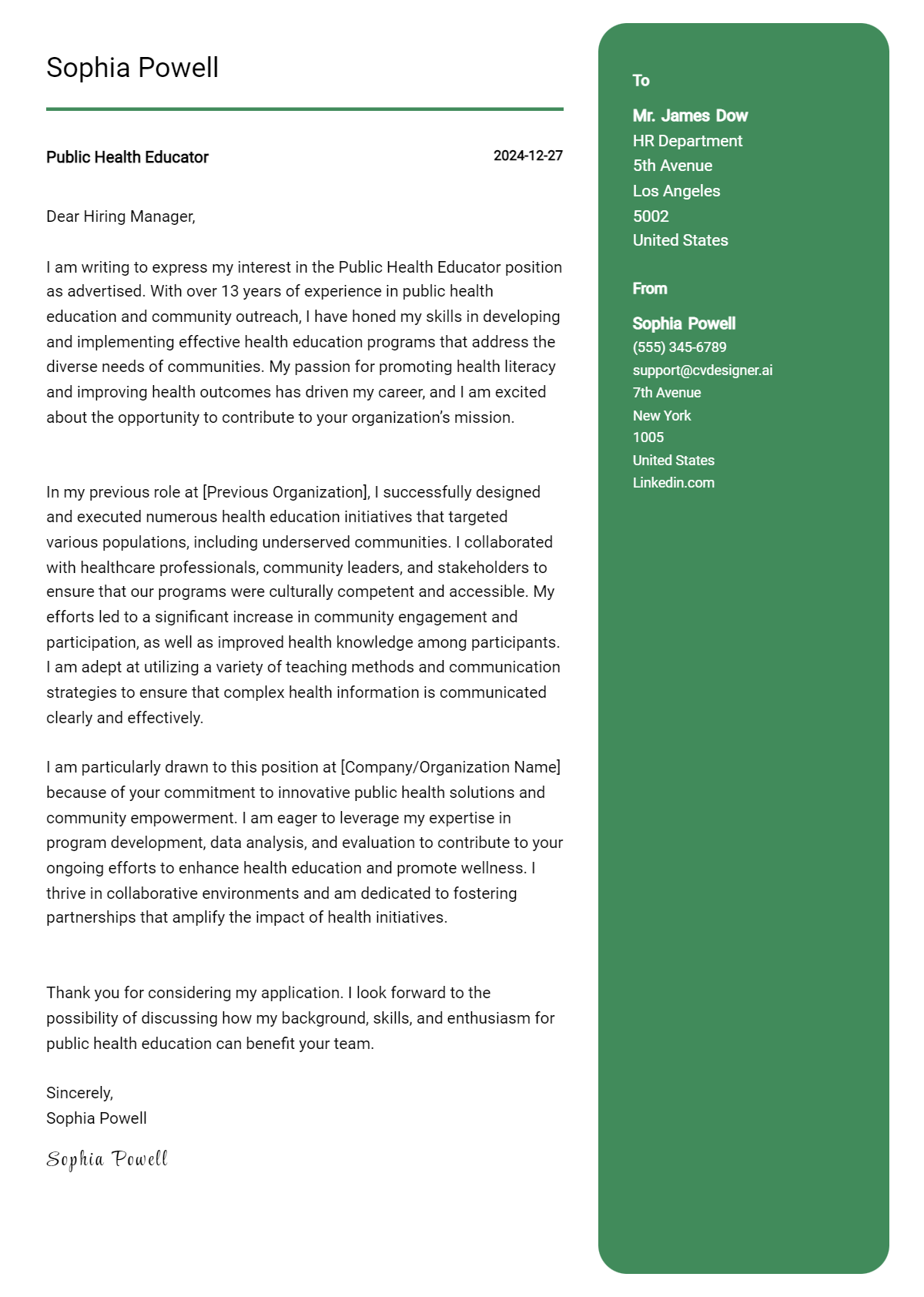 public health educator cover letter example