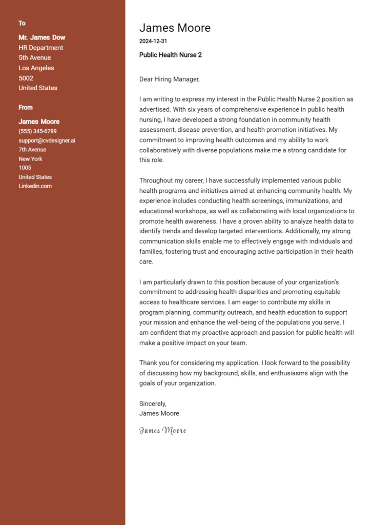 public health nurse 2 cover letter example