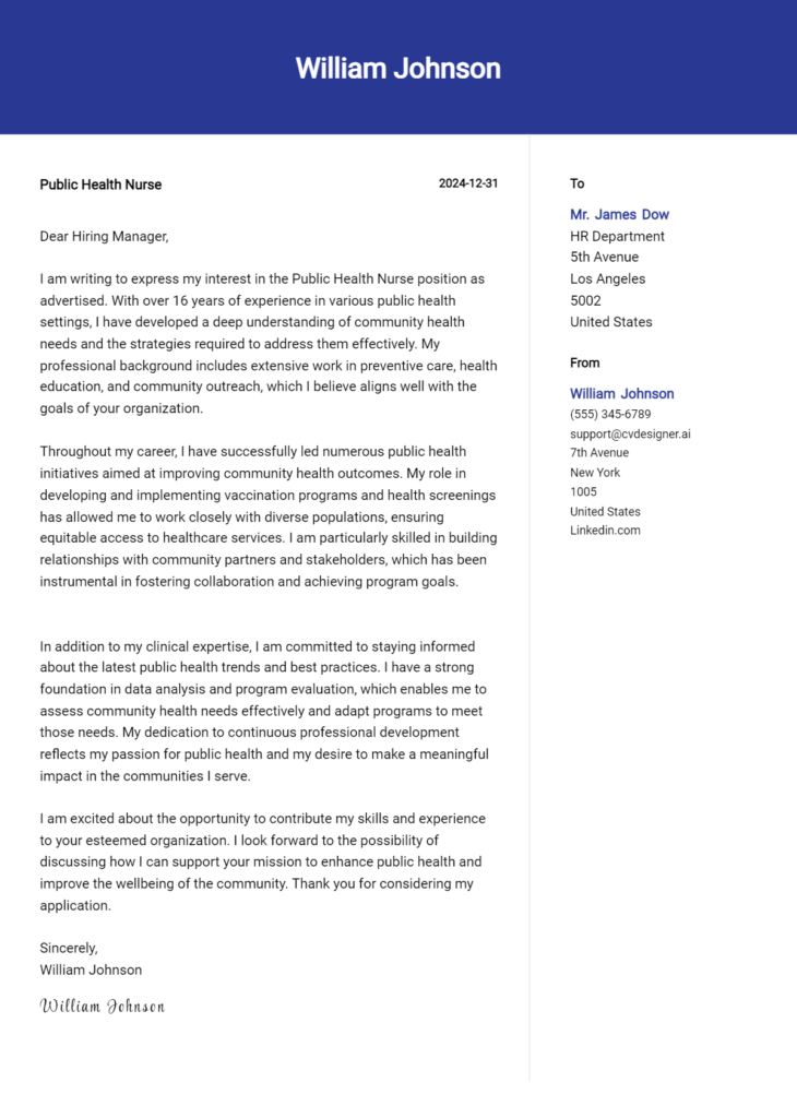 public health nurse cover letter example