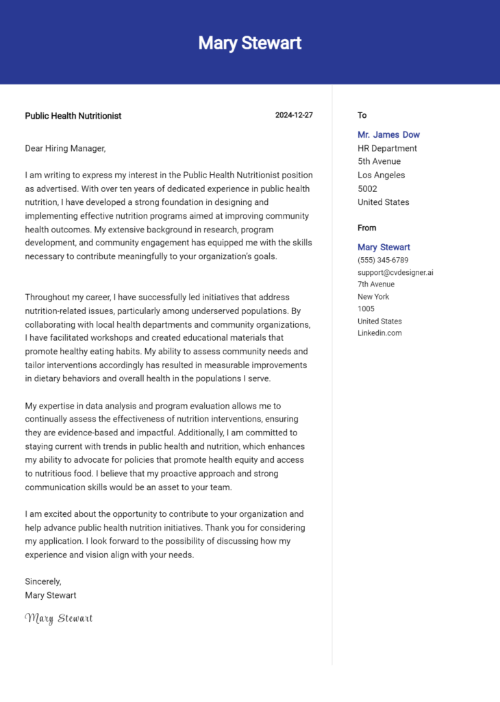 public health nutritionist cover letter example