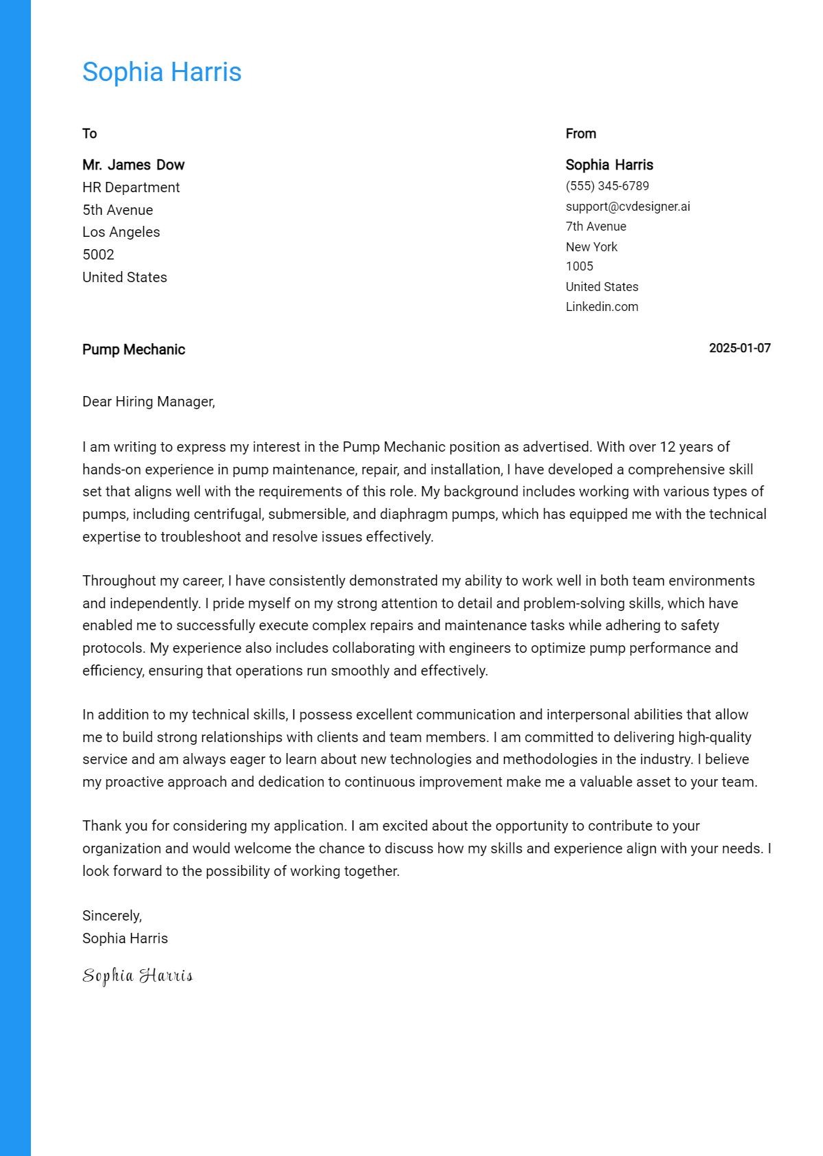 pump mechanic cover letter example