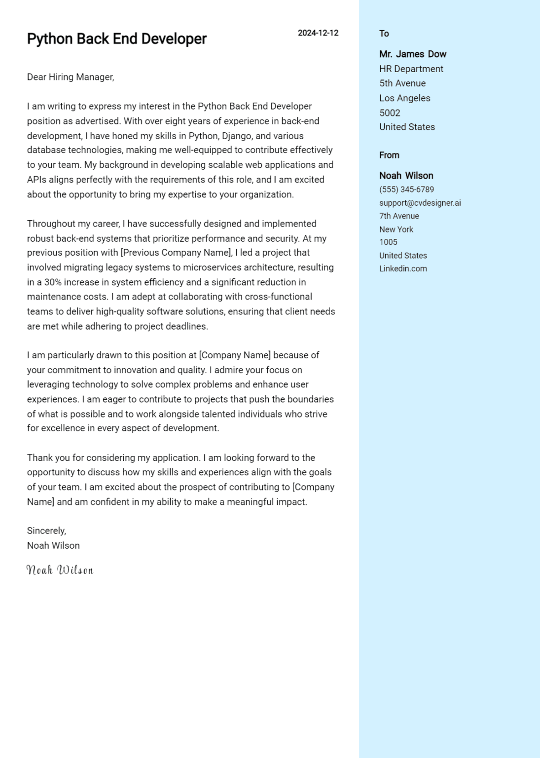 11 Python Back-End Developer Cover Letter Examples And Templates for ...