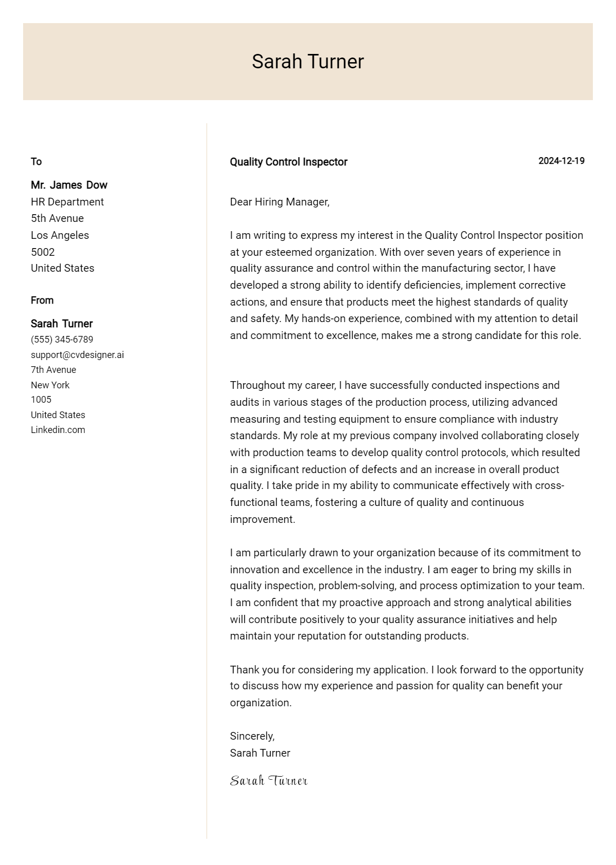 quality control inspector cover letter example