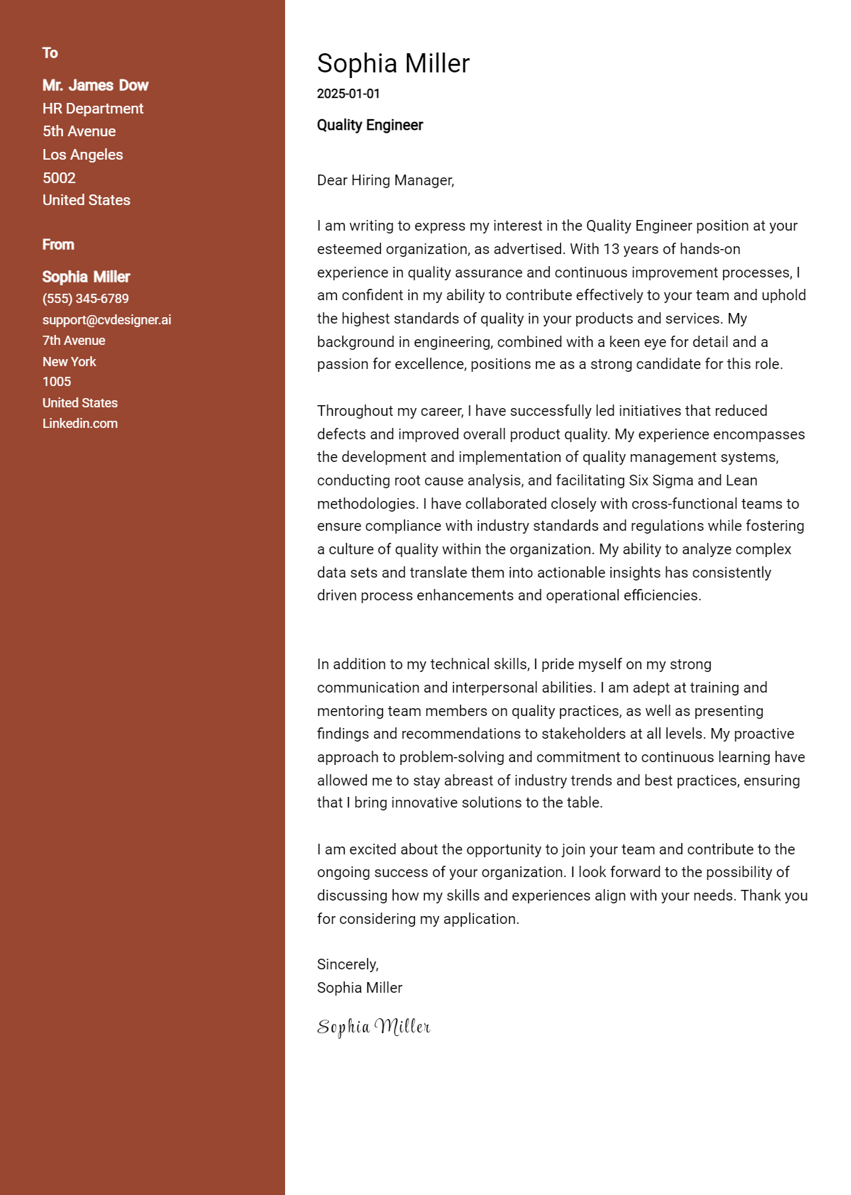 quality engineer cover letter example