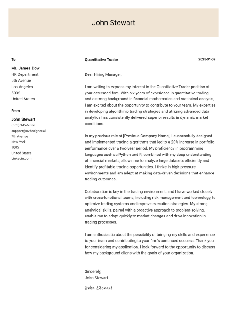 quantitative trader cover letter example