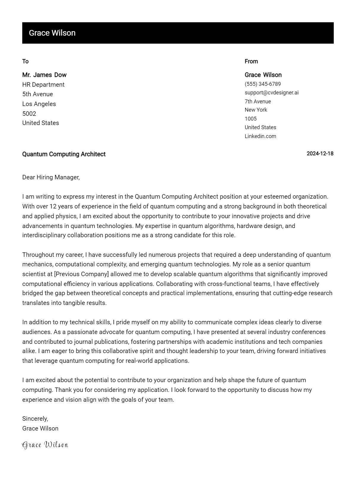 quantum computing architect cover letter example