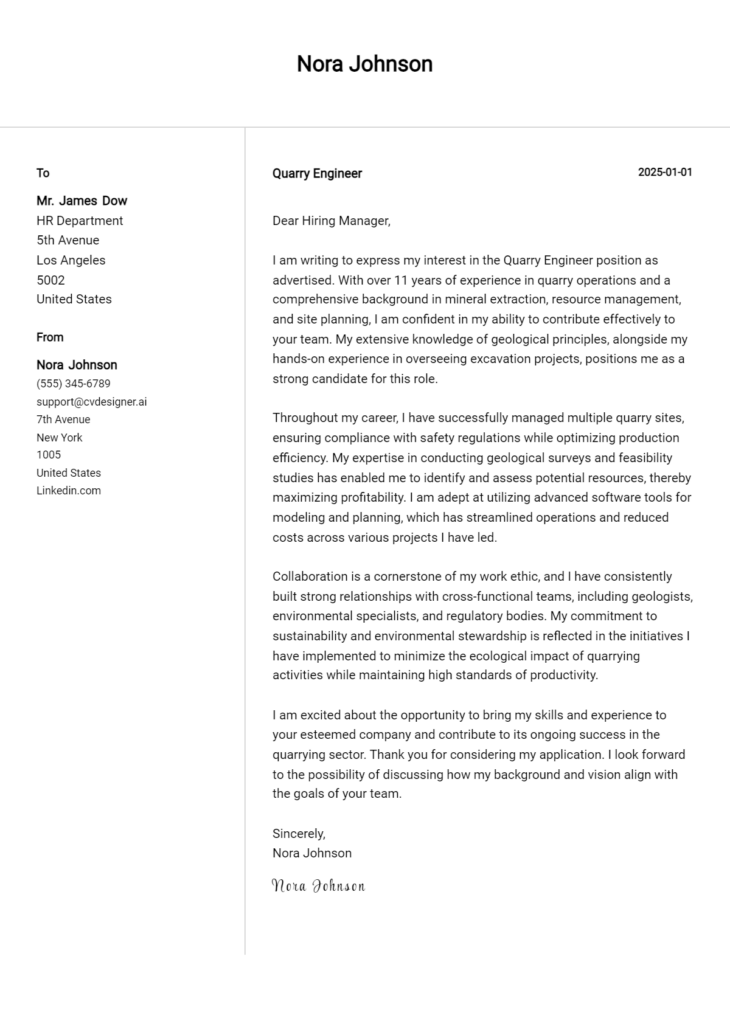 quarry engineer cover letter example