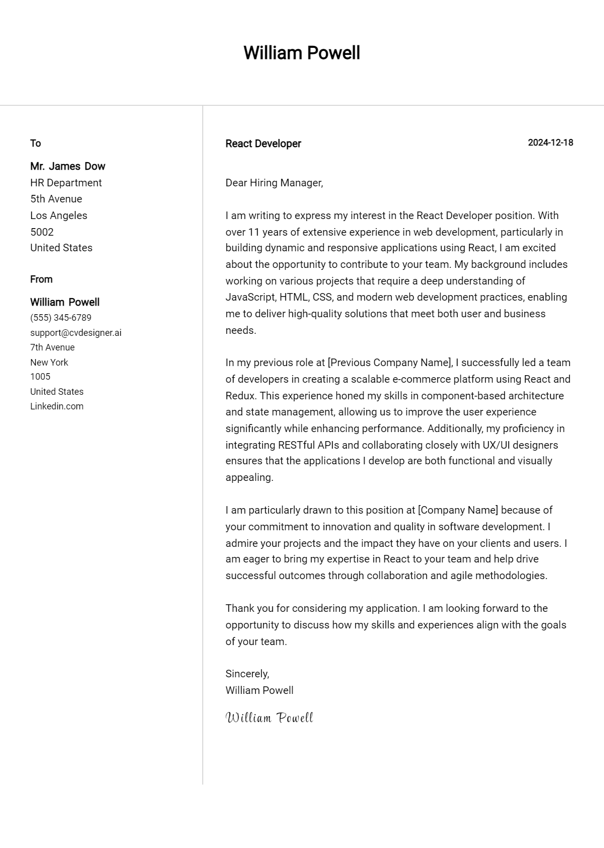 react developer cover letter example